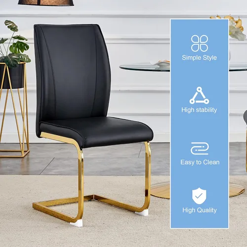 Vista 5 de Juego de 2 sillas de comedor modernas, sillas de cocina tapizadas de cuero, sillas de comedor sin brazos con respaldo alto y patas de metal dorado
