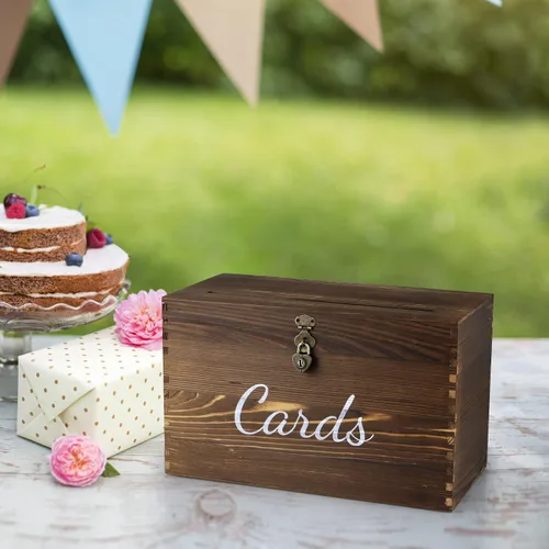 Vista 7 de MDLUU Caja de madera para tarjetas de boda, caja rústica para dinero de boda con cerradura, soporte para sobre, caja de recepción de tarjetas