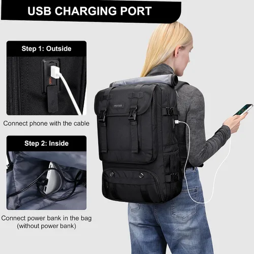 Vista 7 de PIJUSHI Mochila de viaje para mujeres y hombres, mochila de equipaje de mano, aprobada por vuelo, bolsa de lona convertible para laptop de 16 Negro