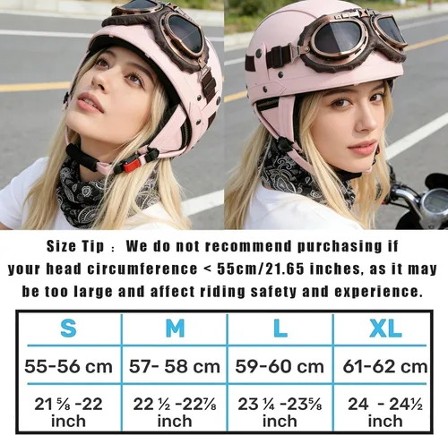 Vista 2 de Casco de motocicleta rosa, medio casco de cuero de estilo alemán, casco de motocicleta para mujer, aprobado por DOT, casco de media cara con gafas
