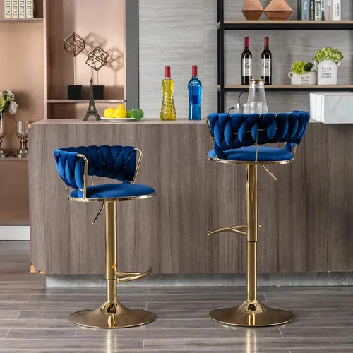 Vista 10 de Juego de 2 taburetes de bar tejidos de terciopelo, taburetes de cocina de altura ajustable, silla de isla, sillas de bar giratorias de 360°, chasis
