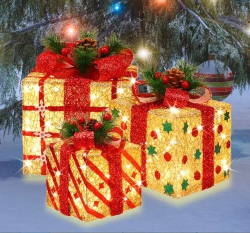 Vista 4 de LAMPHOME Cajas iluminadas de Navidad, juego de 3 70 luces LED para decoración al aire libre, cajas de Navidad iluminadas, decoración de regalo