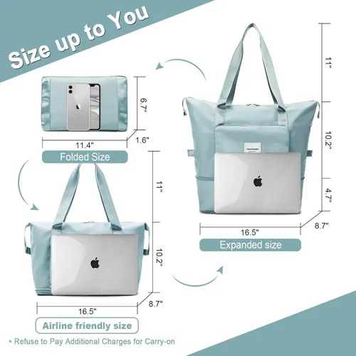 Vista 2 de WOOMADA Bolsa de viaje plegable, bolsas de fin de semana para mujer, bolsa de mano con espacio expandible, bolsas de transporte para aviones