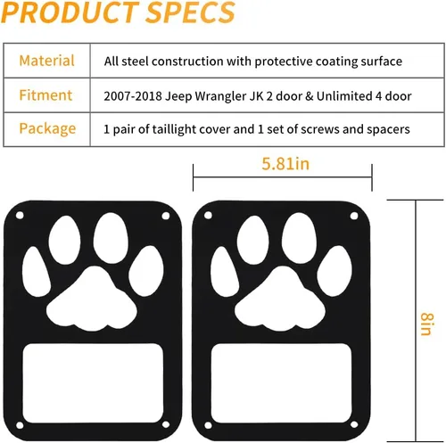 Vista 7 de Cubierta de Luz Trasera Compatible con Jeep Wrangler JK/JKU 2007-2018, Protector de Cubierta de Luz Trasera con Forma de Pata de Perro Protector
