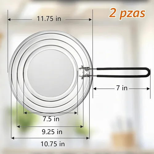 Vista 2 de Frcctre Paquete de 2 protectores de salpicaduras de acero inoxidable para sartén, protector de salpicaduras de grasa de 12 pulgadas con mango