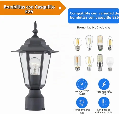 Vista 5 de WISBEAM Luz de poste para exteriores, linterna de poste, base E26 de 60 W máximo, carcasa de aluminio más vidrio, clasificación de ubicación húmeda