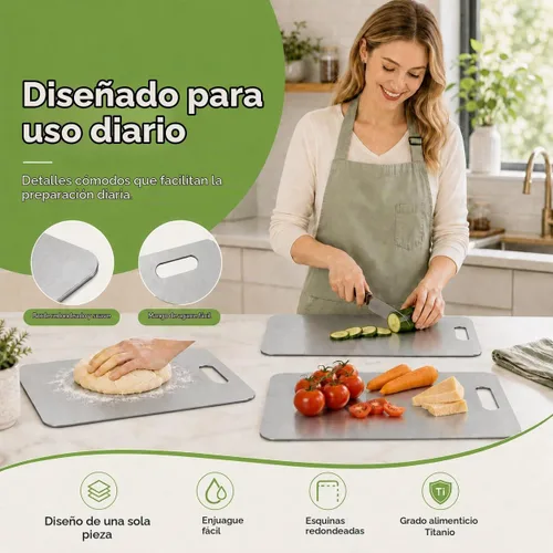 Vista 4 de Juego de tablas de cortar de titanio de 3 piezas, tablas de cortar de titanio para cocina, 100% tablas de cortar de titanio de doble cara, áreas