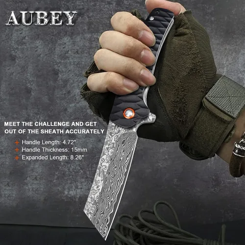 Vista 3 de Cuchillo de bolsillo AUBEY de Damasco, hoja de acero de Damasco de 3.34" con molino hueco, cuchillo plegable con rodamiento de bola, mango
