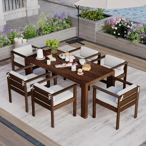 Vista 10 de Patio Dining Table Set for 6, 7-Piece Outdoor Furniture with 73 Inch Rectangular Table, Wood Chairs with Removable Cushions for Backyard, Poolside