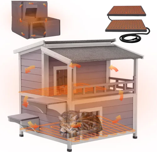 Vista 10 de Casa climatizada para gatos al aire libre, resistente a la intemperie, refugio grande para gatos con forro 100% aislado para múltiples gatos, casas