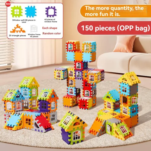 Vista 6 de Juego de 150 bloques de construcción, juguetes de construcción de casas de plástico entrelazados para niños, bloques educativos apilables STEM
