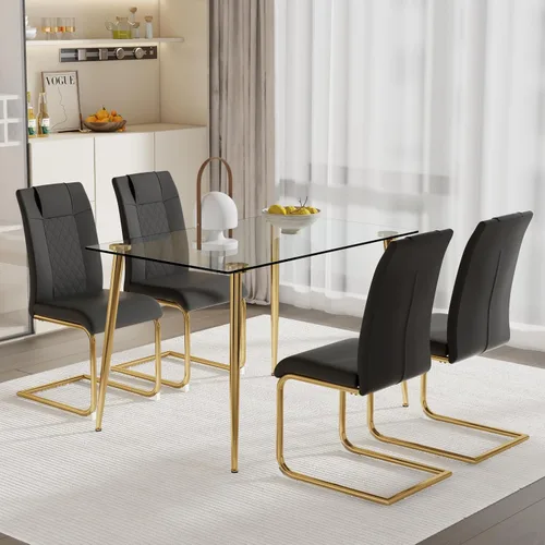 Vista 8 de Juego de mesa de comedor para 4, 5 piezas, juego de mesa de comedor de terciopelo moderno, mesa rectangular de vidrio templado para cocina, bar