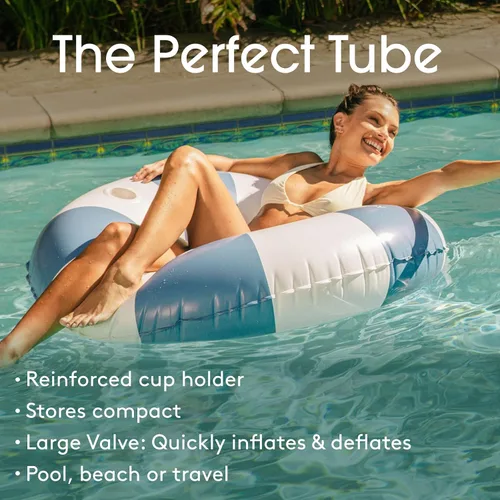 Vista 3 de FUNBOY Flotador inflable gigante de rayas azules con soporte para tazas, tubo interior de 48 pulgadas para adultos, tumbona de piscina