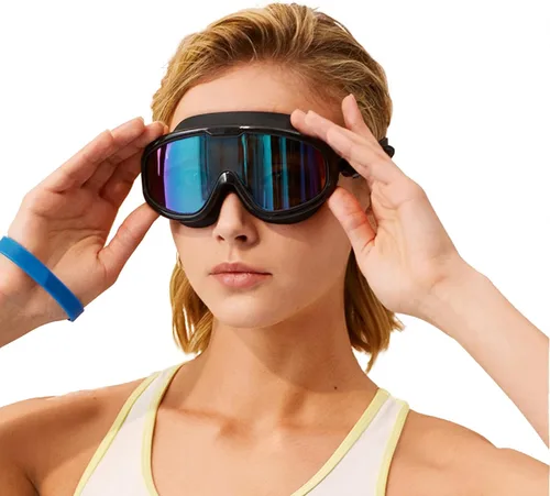 Vista 2 de Gafas de natación con tapones para los oídos, gafas de natación de silicona para adultos, sin fugas, visión amplia, antivaho con protección UV
