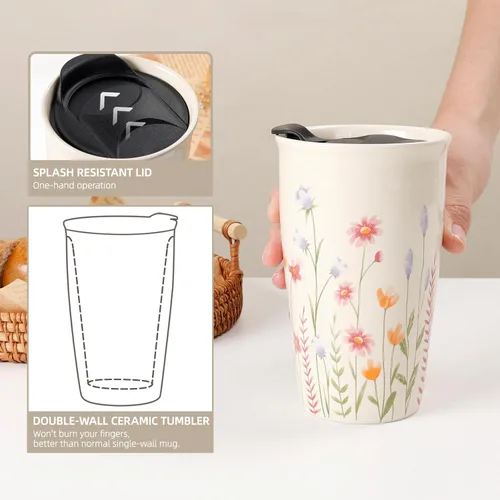 Vista 4 de ANTIS'S HOME Taza de Viaje de Cerámica con Tapa, Taza de Café Tumbler de Doble Pared Beige con Patrón de Flores, Taza Alta Reutilizable, Tapa
