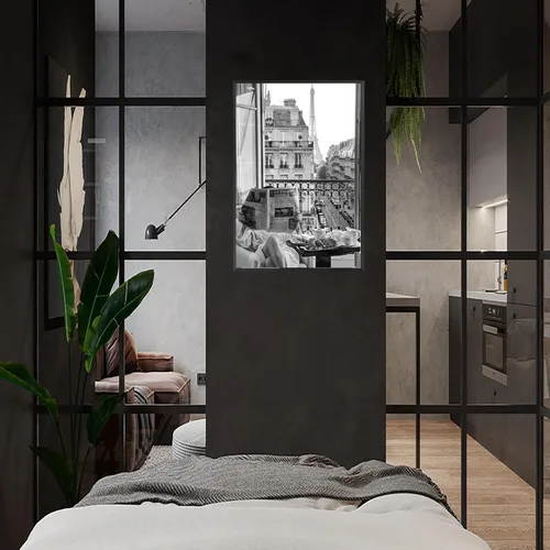 Vista 4 de Lienzo vintage con chica leyendo periódico, vista de la Torre Eiffel, arte de pared retro en blanco y negro, feminista, estética de habitación