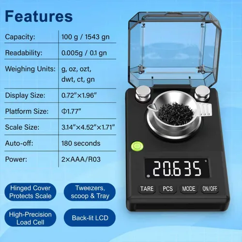 Vista 7 de Digital Milligram Scale 100gx0.005g – Precision Scale for Jewelry, Coins, Gemstones, Powders & Medicine