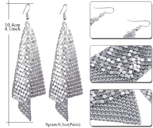 Vista 2 de GIMEFIVE Pendientes de lentejuelas doradas de malla metálica ligera, con borlas, aretes de gancho largos para mujeres y niñas, Metal, No