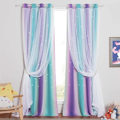 Vista 16 de NICETOWN Cortinas para Dormitorio de Niñas Infantiles con Estrellas Caladas Ventana 2 Capas Cortina 63 Pulgadas de Longitud Oscurecimiento