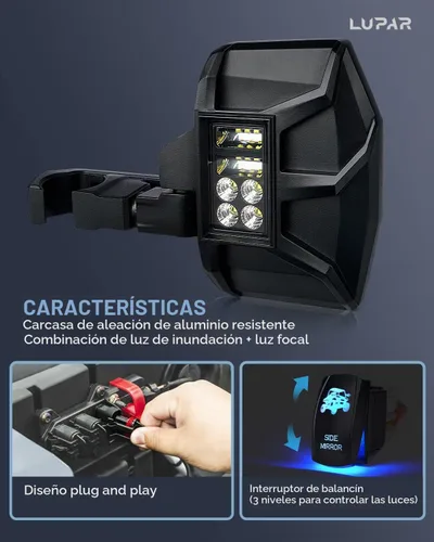Vista 2 de Espejo Lateral UTV con Luces LED de Charco Espejos Retrovisores de Aluminio de Servicio Pesado se Ajustan a Barras de Jaula Antivuelco de 1.65"-2