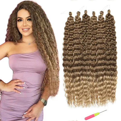 Vista 25 de Extensiones de cabello ondulado con ganchillo Ocean Wave de 18 pulgadas, 6 paquetes, extensiones de cabello de ganchillo sueltas de onda profunda #1B