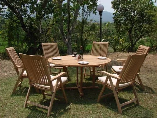 Vista 5 de 7 pieza grade-a – Conjunto de comedor 60" de madera de teca mesa redonda y 6 sillas de Marley Brazo reclinables # wfdsmr4