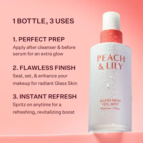 Vista 6 de Peach & Lily - Bruma de Velo para Piel de Cristal (3.38 onzas) - Hidrata y Brilla - Bruma Facial - Sin Peso - Agua de Pepino, Loto, Melocotón, Hongo