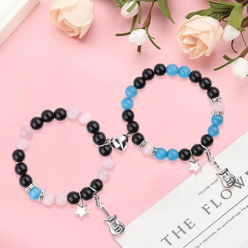 Vista 11 de 2 pulseras magnéticas para parejas, piedra natural negra mate, cristal para votos de amor eterno, juego de pulseras de cuentas de piedra de energía