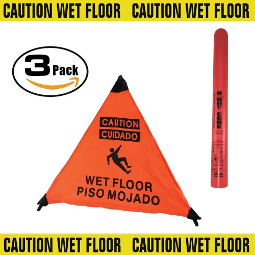 Vista 2 de Letrero de suelo mojado de precaución naranja (ENG/SPAN) Handy Cone con tubo de almacenamiento "3-PACK