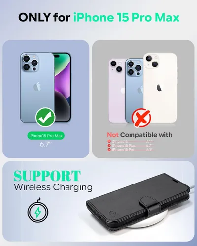Vista 2 de OCASE Funda compatible con iPhone 15 Pro Max, funda tipo cartera de piel sintética con tarjeteros, bloqueo RFID, soporte a prueba de golpes, funda