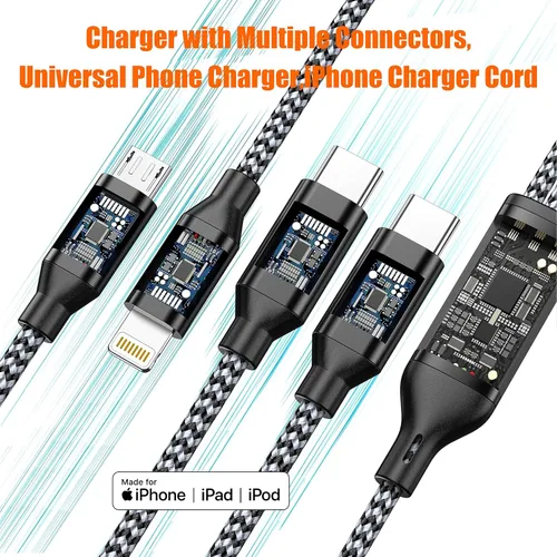 Vista 4 de Doub Tyep-C 4 en 1 cable de carga múltiple de 4 pies, cable de carga de nailon trenzado Lightning para iPhone, cable de carga universal con tipo C