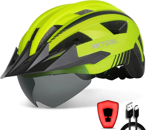 Vista 17 de VICTGOAL Casco de bicicleta con luz trasera recargable por USB, gafas magnéticas desmontables, visera solar extraíble, cascos de bicicleta de Negro
