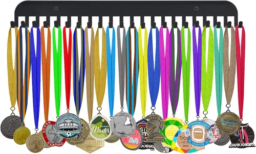 Vista 5 de 2 soportes para medallas de gimnasia, estante de exhibición para medallas y cintas, exhibidor de medallas con 22 ganchos (negro)