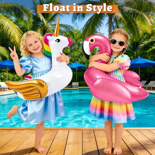 Vista 6 de Paquete de 2 flotadores de piscina para niños, flotadores de natación de unicornio y flamenco, flotadores de piscina para niños, flotadores