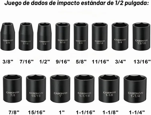 Vista 2 de CASOMAN Juego de dados de impacto poco profundo de 1/2 pulgada, 14 puntos, SAE, 3/8" a 1-1/4