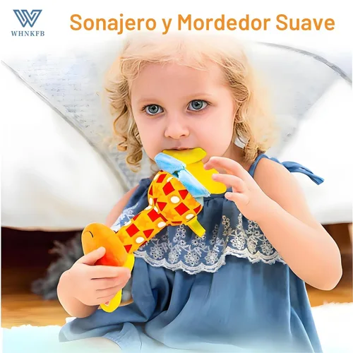 Vista 4 de Juguete Mordedor Sonajero para Bebé - Peluche Suave de Jirafa con Sonido Crujiente y Chillón, Agitador Sensorial para Recién Nacidos de 0-12 Meses