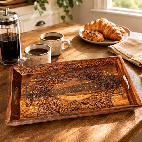 Vista 6 de Bandeja decorativa hecha a mano elegante de madera, bandeja rústica de granja, bandeja grande para servir de 20 x 12 pulgadas, bandeja de mesa