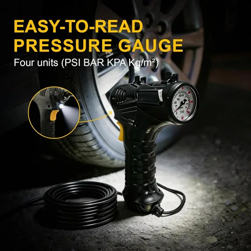 Vista 5 de Compresor de aire portátil, inflador de neumáticos de 12V DC Medidor de presión digital, 150 PSI, luz LED, coche, motocicleta, bicicleta, anillo