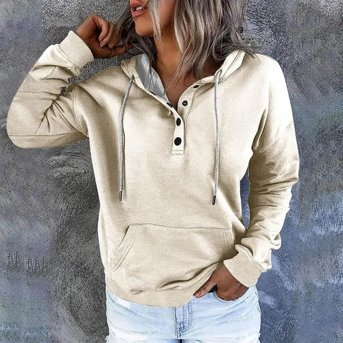 Vista 5 de Womens Casual Plain Hoodies Pullover Drawstring Button up Long Sleeve Sweatshirts 2023 Fall Loose Clothes With Pocket
