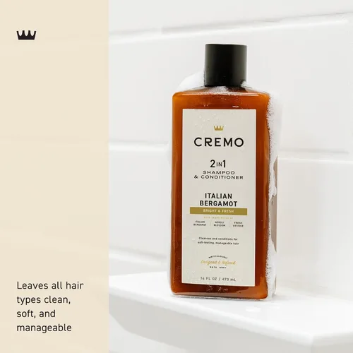 Vista 3 de Cremo Champú y acondicionador 2 en 1 de bergamota italiana para hombres, notas de bergamota italiana, flor de neroli y vetiver fresco, 16 onzas
