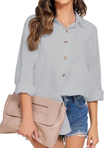 Vista 2 de HOTOUCH Camisa de algodón con botones para mujer, casual, manga larga, ajuste holgado, cuello de lino, blusa de trabajo con bolsillo
