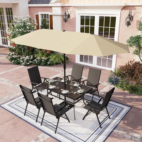 Vista 16 de PHI VILLA Juego de comedor de patio de 5 piezas con sombrilla de 10 pies (beige), juego de mesa y sillas para exteriores con sillas de comedor