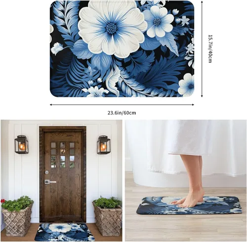 Vista 6 de Tapete para puerta delantera, tapete de bienvenida con estampado floral azul y blanco, absorbente, antideslizante, tapete de entrada suave, alfombra