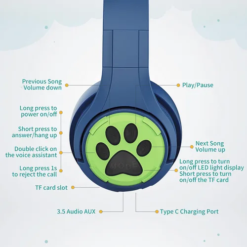 Vista 5 de Riwbox CF9 - Auriculares Bluetooth para niños con luz LED, límite de volumen seguro de 85 dB, micrófono integrado y micrófono Boom para llamadas