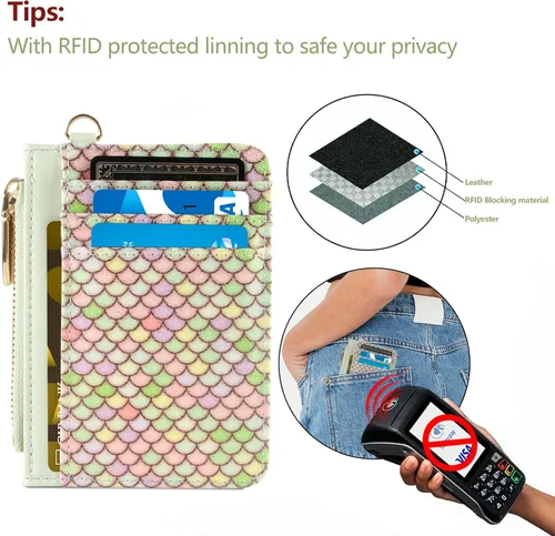 Vista 5 de Cartera pequeña de cuero con protección RFID de sirena para tarjetas de crédito, cartera delgada con correa para la muñeca con bolsillo