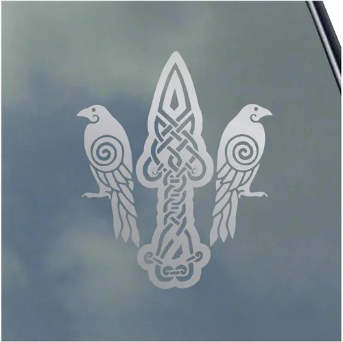 Vista 6 de Huginn y Muninn con Gungnir - Vinilo adhesivo nórdico Asatru Odin Thor Raven Negro