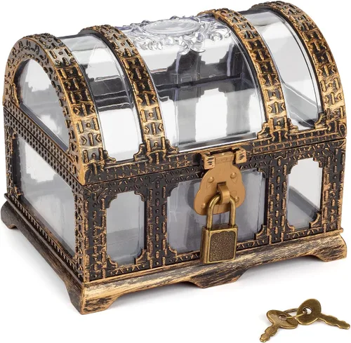 Vista 9 de Cofre del tesoro antiguo transparente para niños, almacenamiento pirata de plástico y caja decorativa