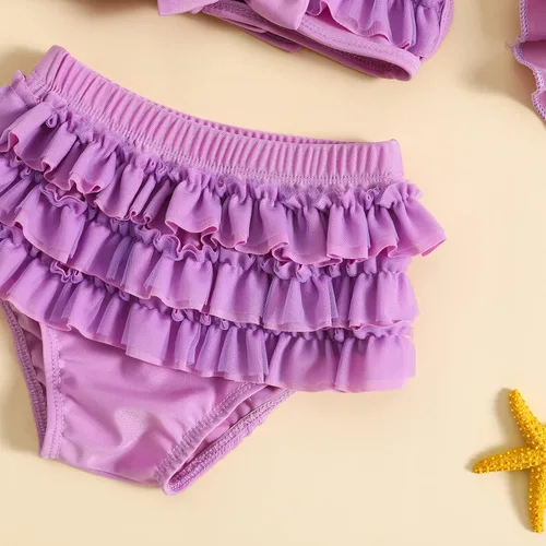 Vista 9 de Yccutest Traje de baño de flores para bebé, 3 piezas, parte superior triangular, parte inferior con volantes, sombrero para el sol, conjunto