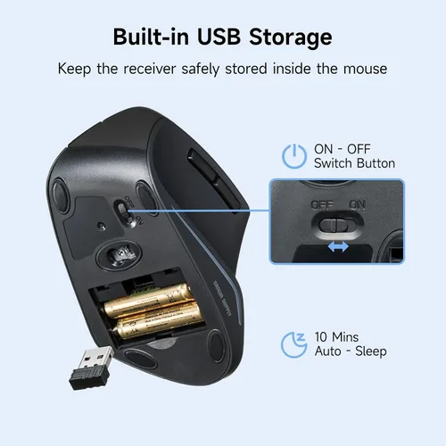 Vista 9 de SANWA - Ratón ergonómico inalámbrico 2.4G, mouse vertical de clic silencioso, 3 botones programables, 800-1600 DPI, mouse Ergo inalámbrico para Negro