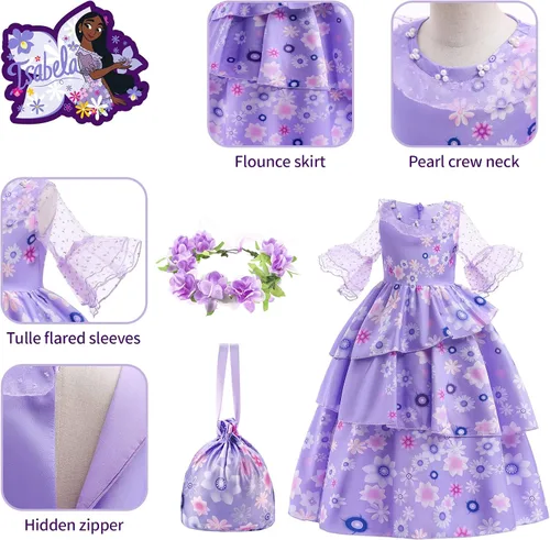 Vista 5 de Ainvliya Encanto Dress for Girls, Mirabel Isabella Encanto Costume, Halloween Cosplay Princess Dress Up With Bags Earrings